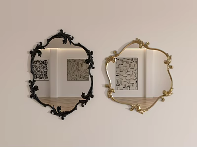 Decorative Mirrors With Black And Gold Ornate Frames Reflecting Artworks On White Wall 3d model