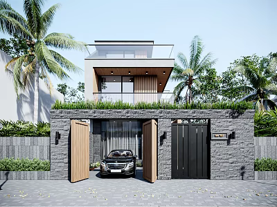 Modern Detached Villa With Roof Terrace Palm Trees Wooden Garage Doors And Black Gate 3d model