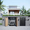Modern Detached Villa With Roof Terrace Palm Trees Wooden Garage Doors And Black Gate