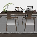 Modern Wooden Tea Table and Chairs with Green Plant Tea Set on Carpeted Floor