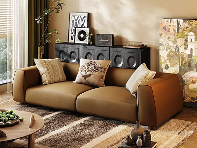 Brown Leather Sectional Sofa With Decorative Pillows On Patterned Rug In Bright Living Room 3d model