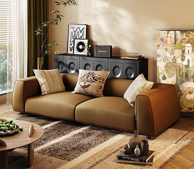 Brown Leather Sectional Sofa With Decorative Pillows On Patterned Rug In Bright Living Room 3d model