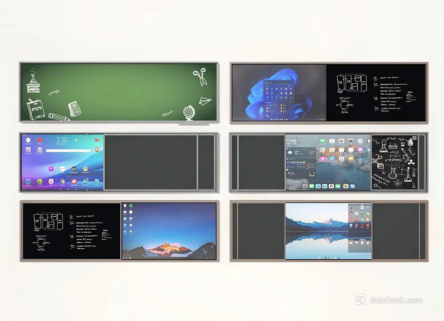 Wall With Various Decorative Display Panels Featuring Icons And Landscape Designs 3d model