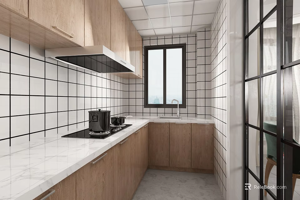 Modern Kitchen Interior With Wooden Cabinets White Tiled Walls And Marble Countertop 3d model 