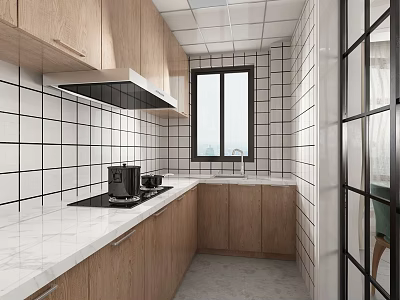 Modern Kitchen Interior With Wooden Cabinets White Tiled Walls And Marble Countertop 3d model