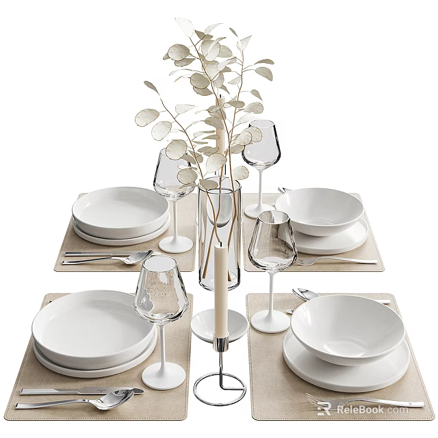 Elegant White Dinnerware Set With Plates Bowls Wine Glasses And Greenery Decor For Dining Table 3d model 