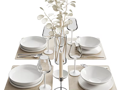 Elegant White Dinnerware Set With Plates Bowls Wine Glasses And Greenery Decor For Dining Table 3d model
