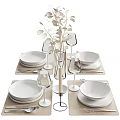 Elegant White Dinnerware Set With Plates Bowls Wine Glasses And Greenery Decor For Dining Table 3d model