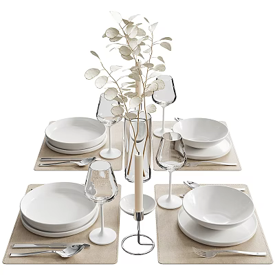 Elegant White Dinnerware Set With Plates Bowls Wine Glasses And Greenery Decor For Dining Table 3d model