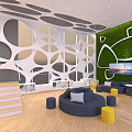 Modern Lounge Area With Green Wall Circular Patterns Sofas And Round Ottomans 3d model