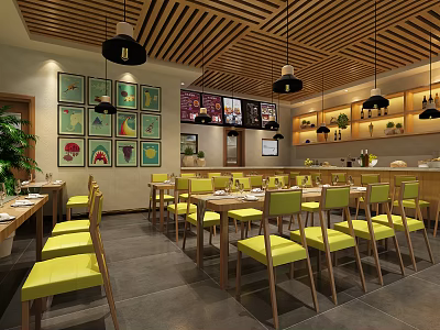 Modern Hotpot Restaurant Interior With Yellow Chairs Wooden Ceiling And Decorative Paintings 3d model