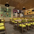 Modern Hotpot Restaurant Interior With Yellow Chairs Wooden Ceiling And Decorative Paintings