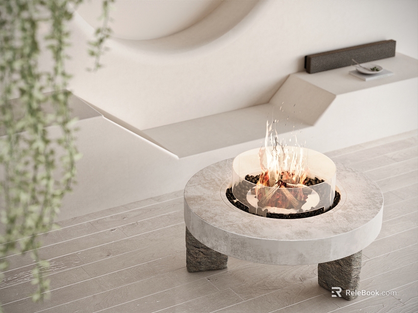 Minimalist Luxury Single Sofa In Modern Living Space With Round Fireplace And Plants 3d model 