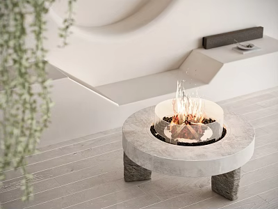 Minimalist Luxury Single Sofa In Modern Living Space With Round Fireplace And Plants 3d model