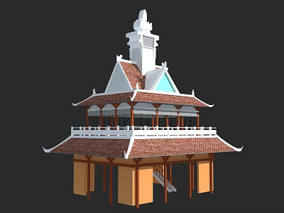 Traditional Multi tiered Architectural Structure With Red Tiled Roof White Ornamental Details And Wooden Columns 3d model