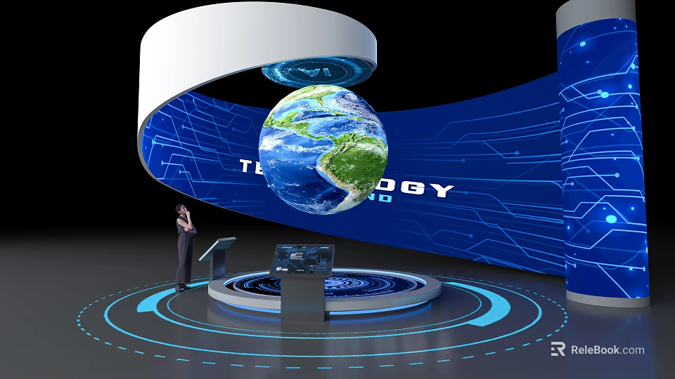 Computer Technology Display With Floating Globe And Blue Tech Background Console 3d model 