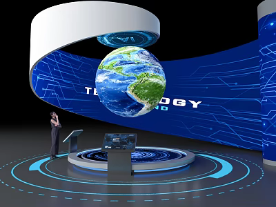Computer Technology Display With Floating Globe And Blue Tech Background Console 3d model