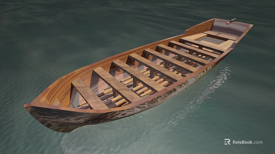 Classic Wooden Boat With Natural Wood Seats Floating On Calm Water Surface 3d model 