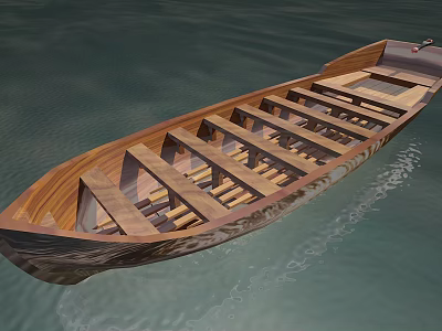 Classic Wooden Boat With Natural Wood Seats Floating On Calm Water Surface 3d model