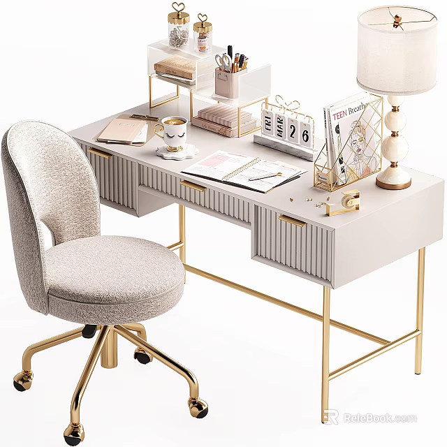 Elegant Modern Desk With Gold Legs Light Top Table Lamp Calendar Notebooks And Matching Chair 3d model 