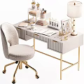 Elegant Modern Desk With Gold Legs Light Top Table Lamp Calendar Notebooks And Matching Chair