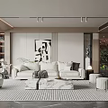 Modern Living Room Interior With White Sofa Marble Coffee Table Striped Rug And Decorative Painting