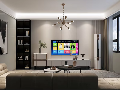 Modern Living Room Interior Design With Chandelier TV Sofa Cabinet And Coffee Table 3d model