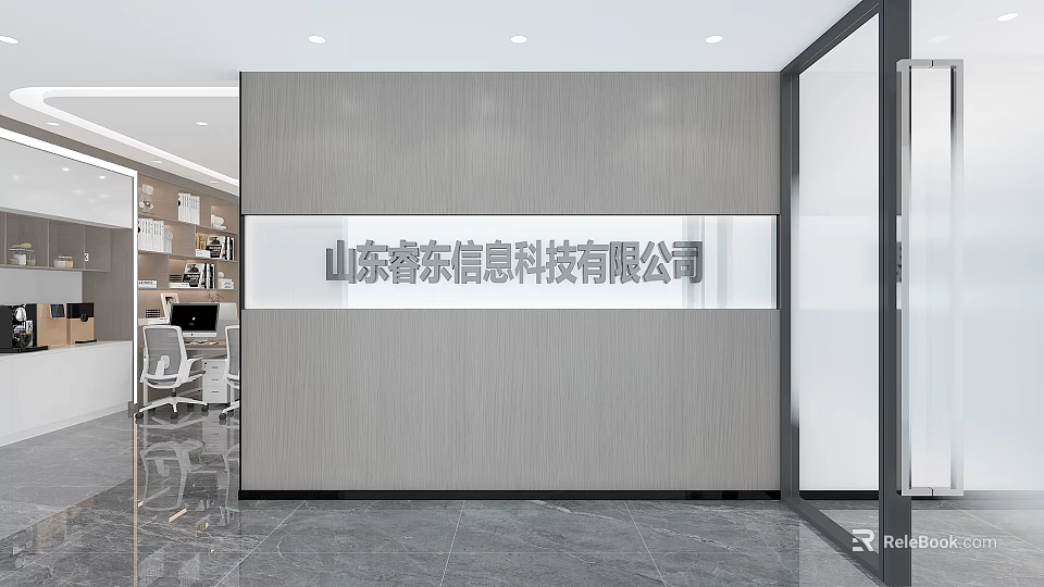 Sleek Modern Office Reception Area With Custom 3D Brand Logo Wall For Corporate Interior 3d model 