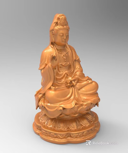 Golden Seated Guanyin Bodhisattva Sculpture Carving With Lotus Base And Robe Details 3d model 