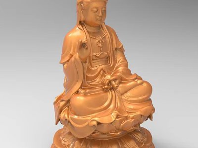 Golden Seated Guanyin Bodhisattva Sculpture Carving With Lotus Base And Robe Details 3d model