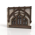 Detailed Gothic Architectural Structure With Arched Windows Stone Wall And Wooden Decorations