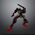 Mecha Robot Character In Battle Stance With Black Red Yellow Armor And Sword
