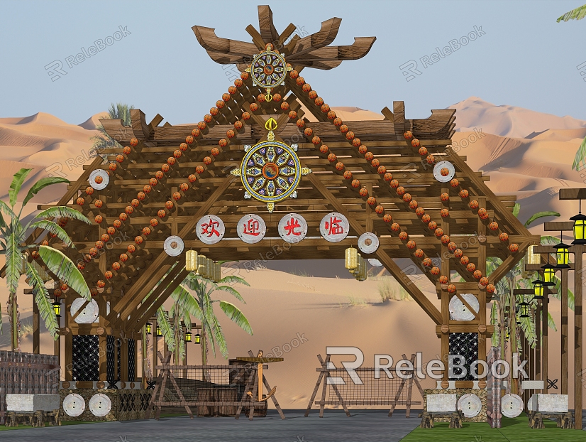 Wooden Frame Scenic Area City Village Entrance Gate model