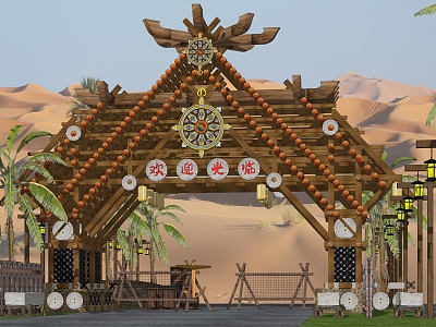 Wooden Frame Scenic Area City Village Entrance Gate model