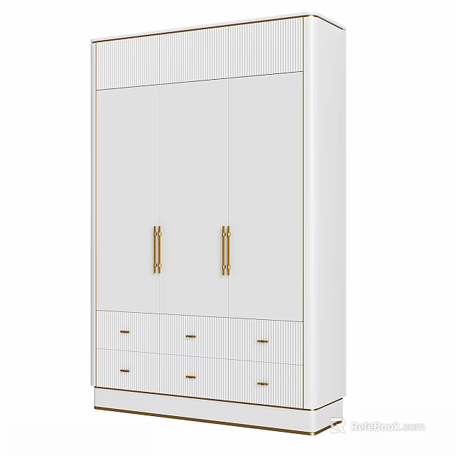 Modern White Wardrobe With Gold Handles And Drawers For Interior Storage 3d model 