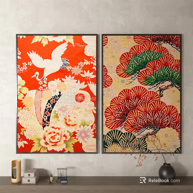 Traditional Asian Decorative Paintings With Red Background White Crane And Pine Tree Patterns 3d model