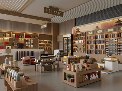 Chinese Style Specialty Store with Wooden Shelves Traditional Wall Art and Various Products 3d model