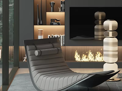 Modern Gray Lounge Chair In Stylish Interior With Fireplace Flames And Decorative Floor Lamp 3d model