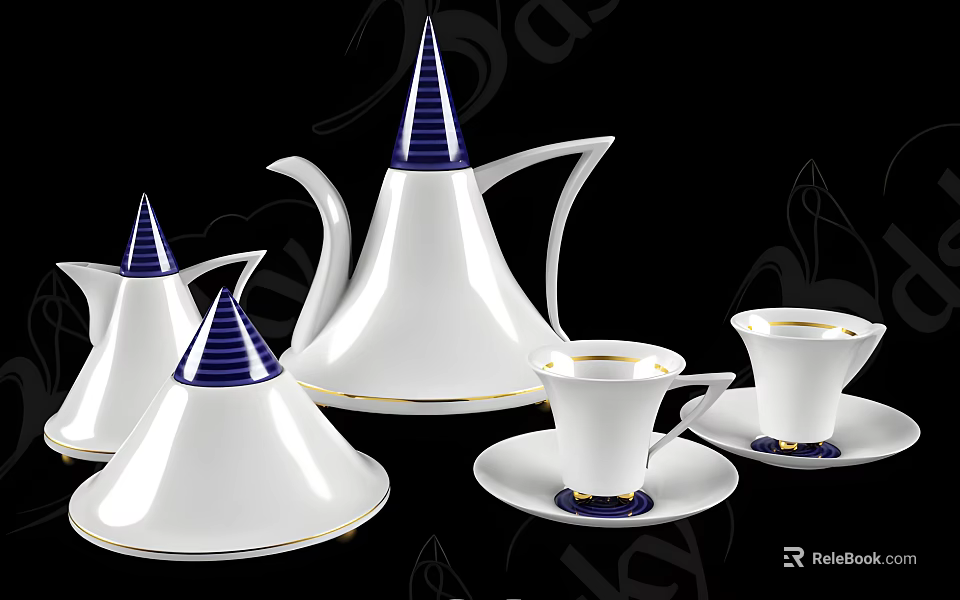 Elegant White Tea Set With Blue Accents Gold Trim And Porcelain Cups Saucers 3d model 