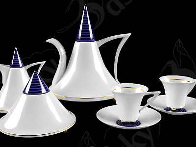 Elegant White Tea Set With Blue Accents Gold Trim And Porcelain Cups Saucers 3d model