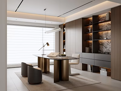 Modern Study Room Interior With Wooden Bookshelves Metal Leg Desk And Hanging Lamp 3d model