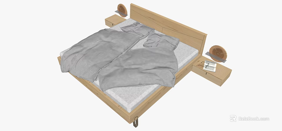 Double Bed With Wooden Frame Gray Bedding Nightstands Round Decorative Items And Book 3d model 