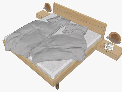 Double Bed With Wooden Frame Gray Bedding Nightstands Round Decorative Items And Book 3d model