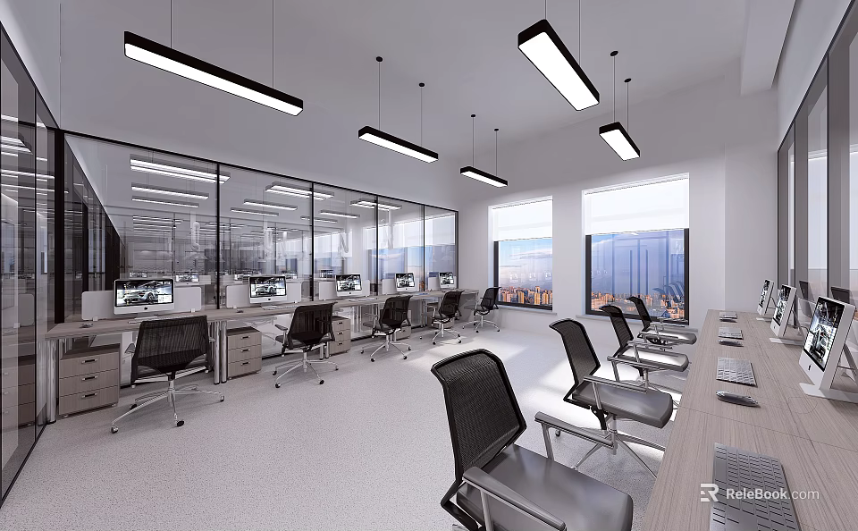 Modern Laboratory Open Layout With Glass Partitions Desks Computers And Office Chairs Large Windows 3d model 