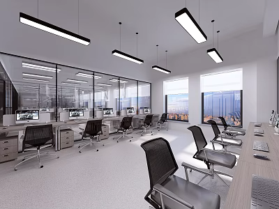 Modern Laboratory Open Layout With Glass Partitions Desks Computers And Office Chairs Large Windows 3d model