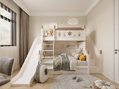 Kids Bedroom With White Bunk Bed Slide Stairs Cloud Design Storage Shelves And Toys 3d model