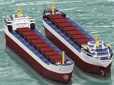 Two Large Cargo Ships With Red White And Blue Hull Sailing On Calm Water 3d model