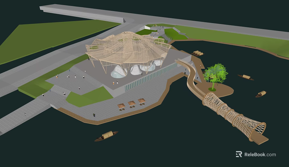 Scenic Outdoor Architectural Structure With Unique Roof Waterfront Walkway Greenery And Boats 3d model 
