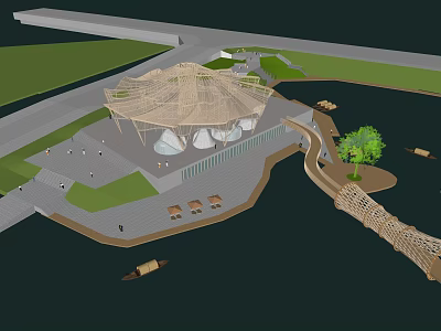 Scenic Outdoor Architectural Structure With Unique Roof Waterfront Walkway Greenery And Boats 3d model