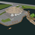 Scenic Outdoor Architectural Structure With Unique Roof Waterfront Walkway Greenery And Boats